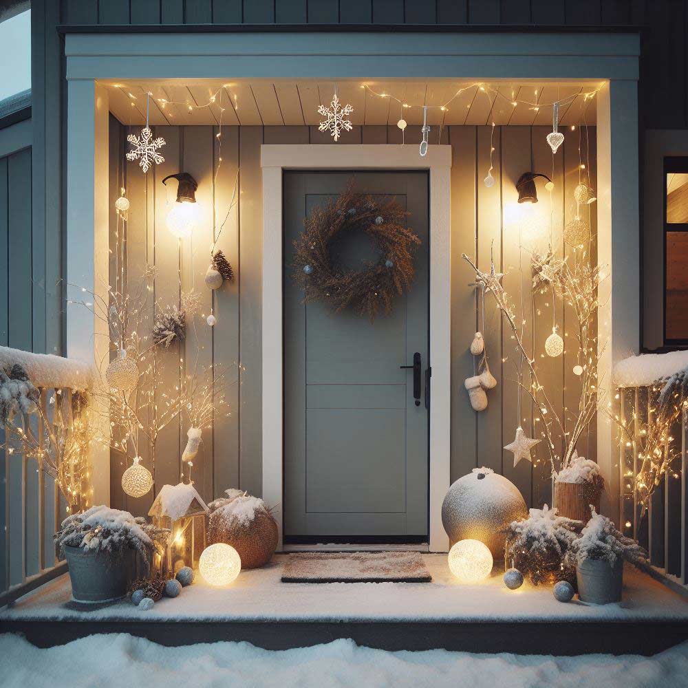 Christmas Front Porch Decor wtih Lights and Garlands