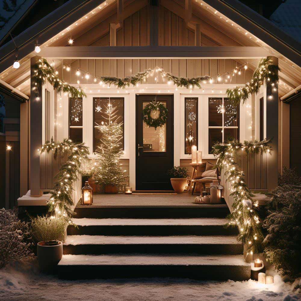 Christmas Front Porch Decorated with LED Lights