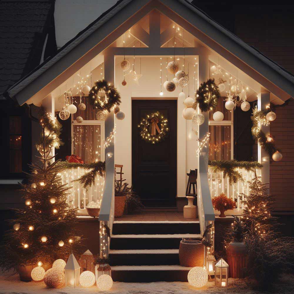 Christmas Front Porh with Wreath and Garlands