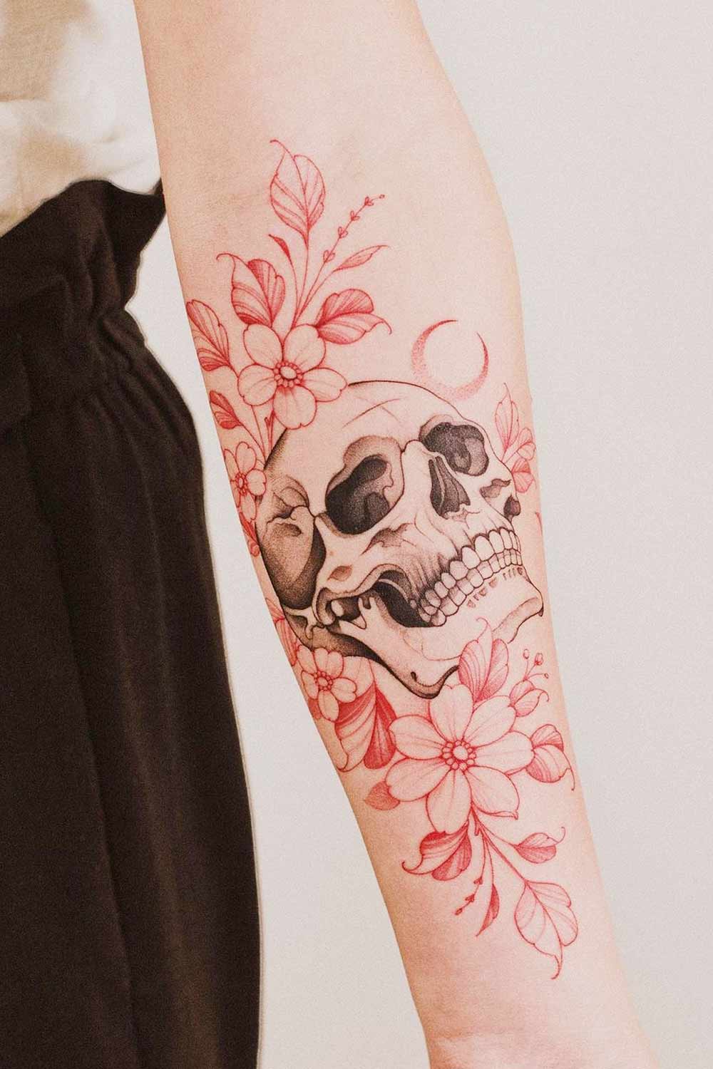 Skull Tattoo with Red Flowers