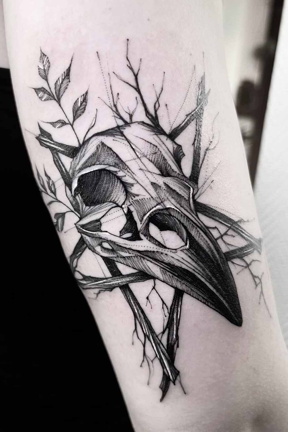 Raven Skull Tattoo by @moona.autumn