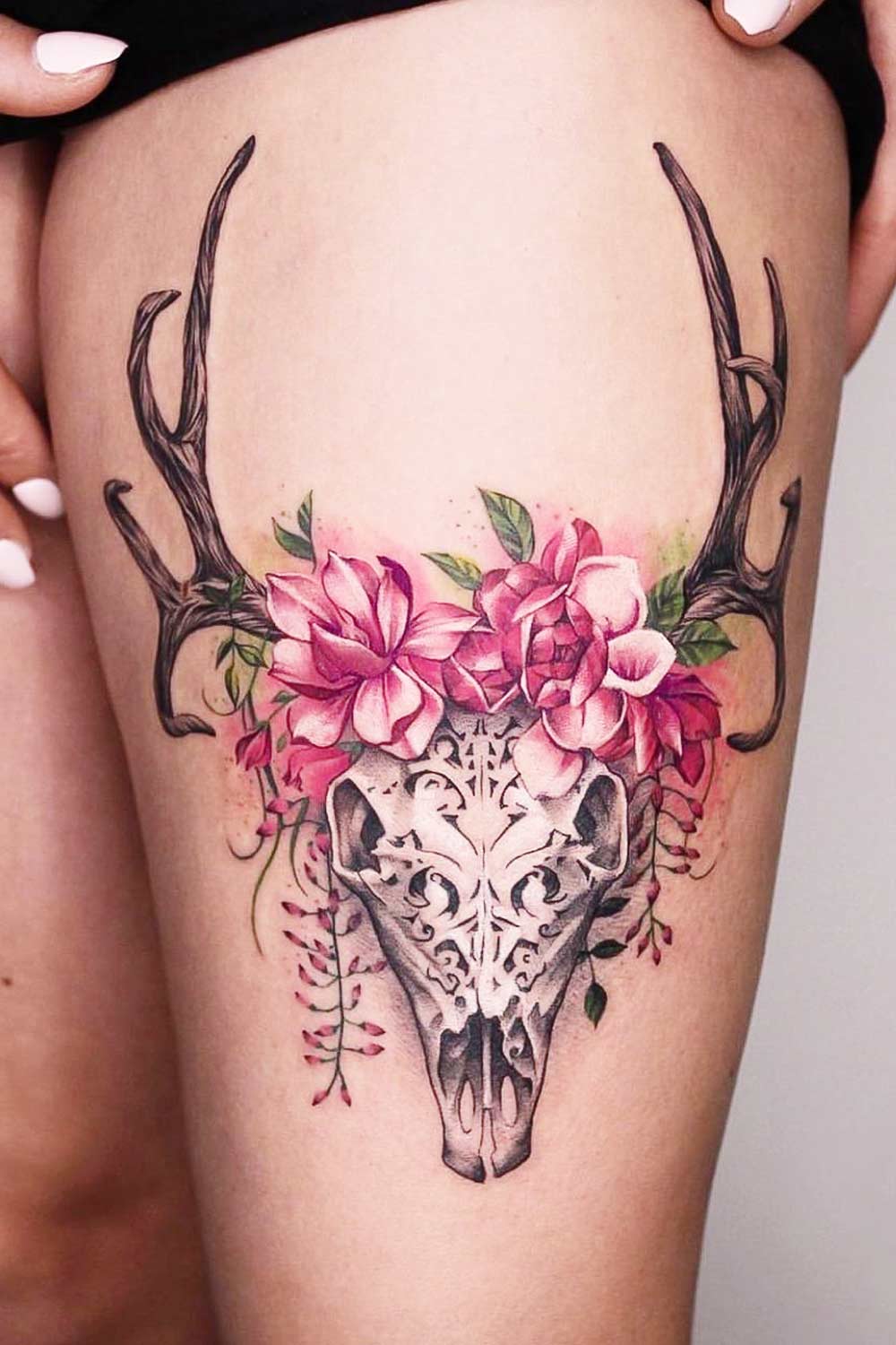 Thigh Deer Skull with Flowers Tattoo