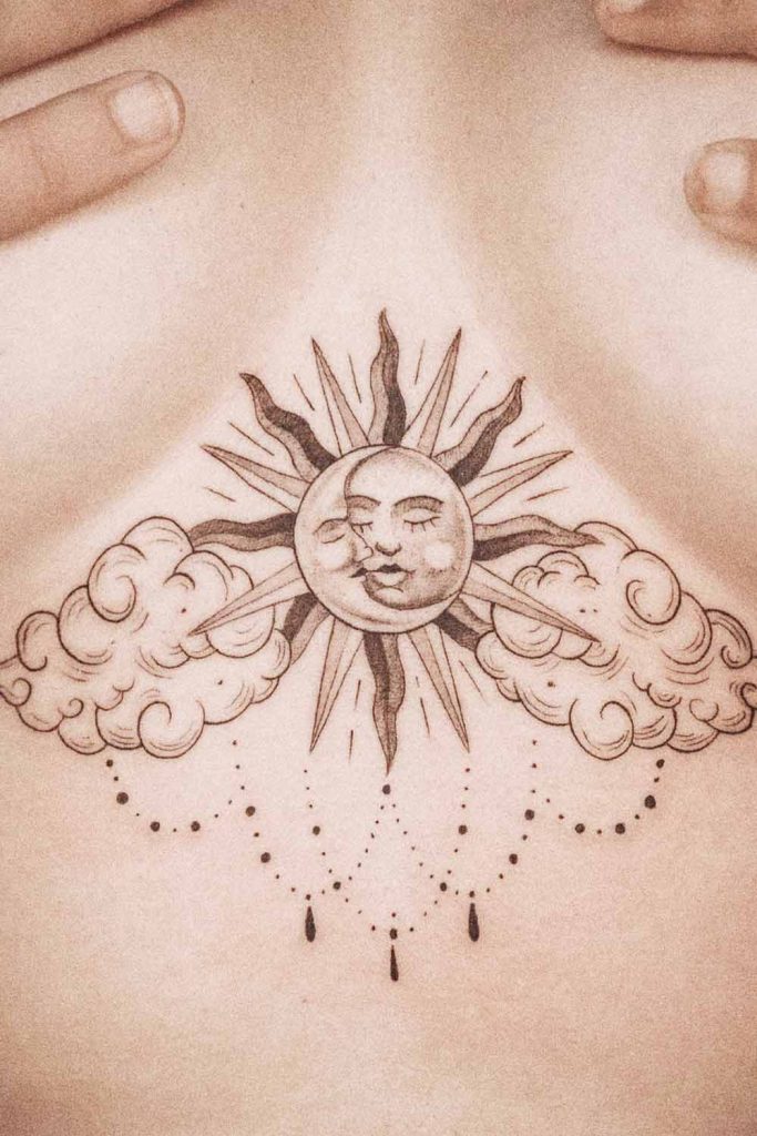 Sun and Moon Sternum Tattoo