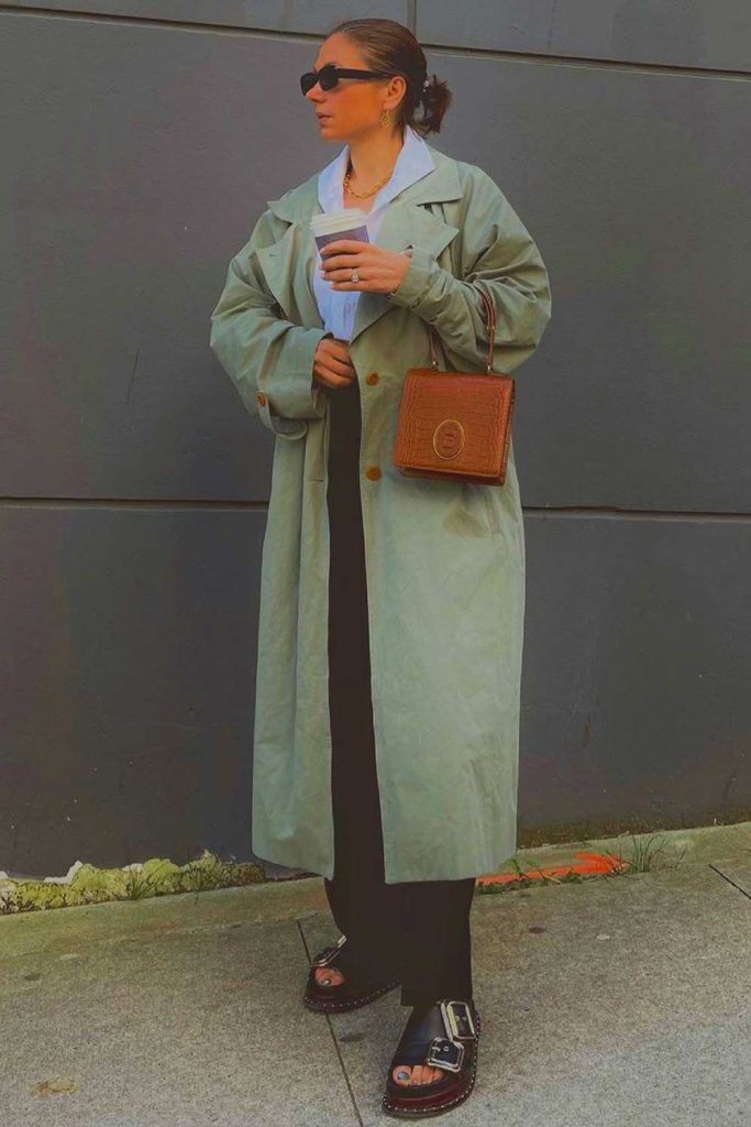 Smokey Light Green Coat With Black Pants Outfit