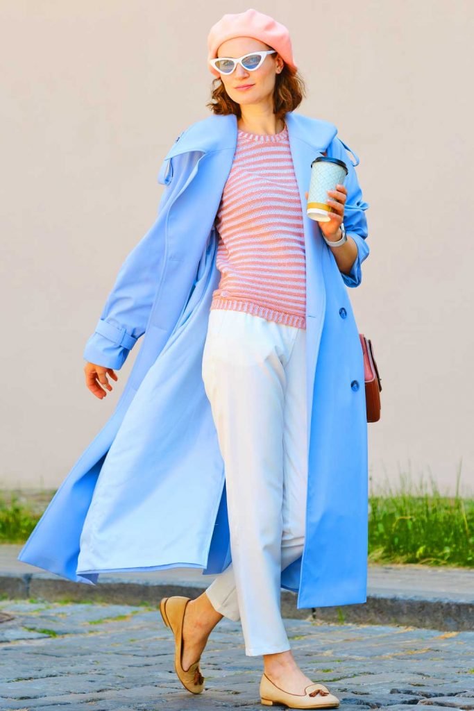 Teal Color Trench For Street Outfit