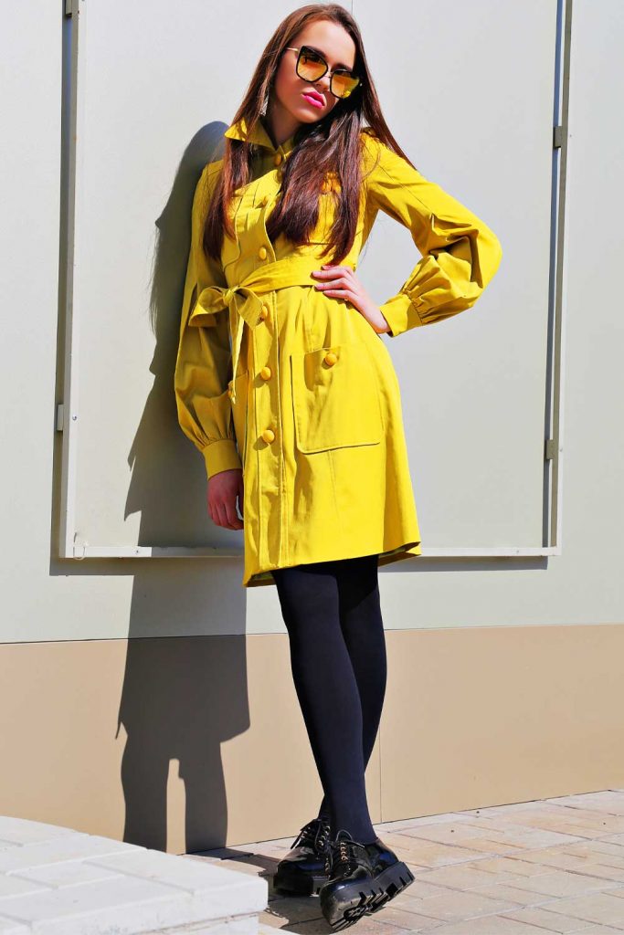 Stylish Sunny-Yellow Trench, Black Tights & Boots