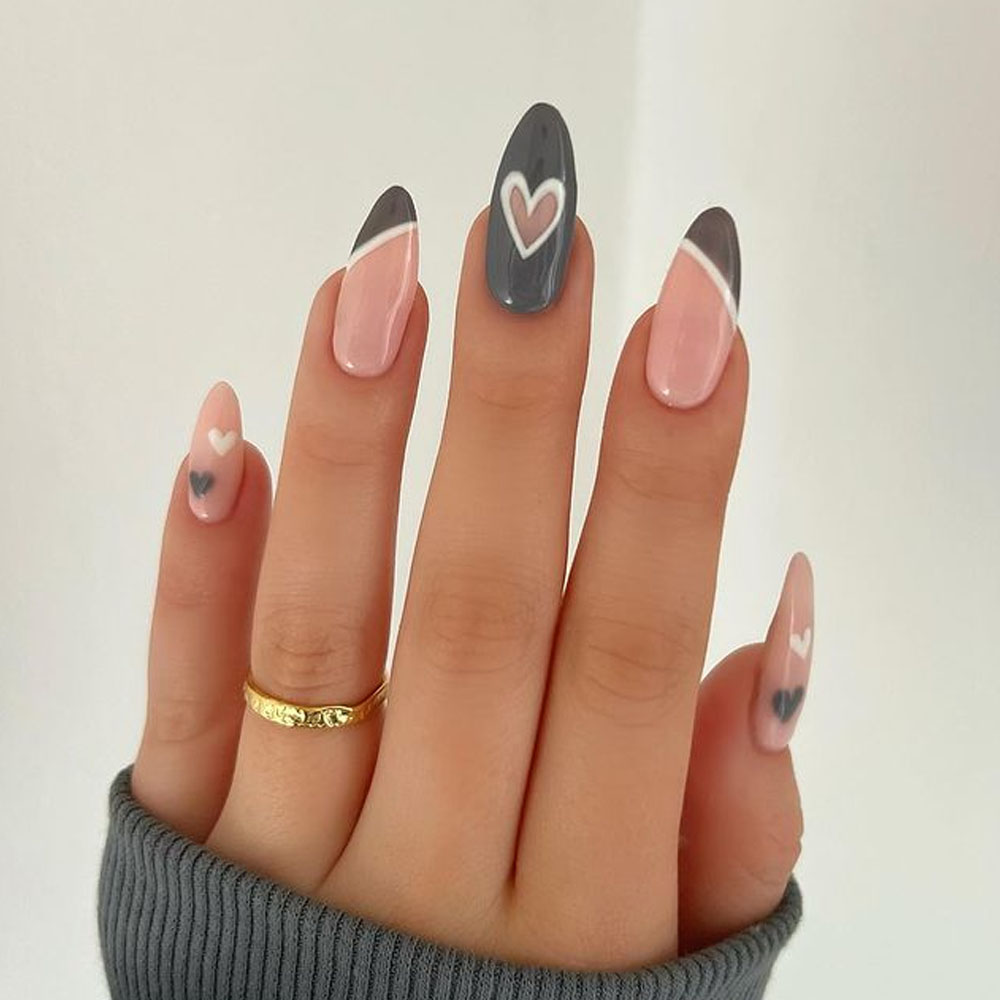 Grey Hearts Valentines Day Nails