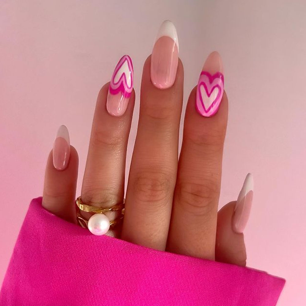 Pink White Hearts Nails
