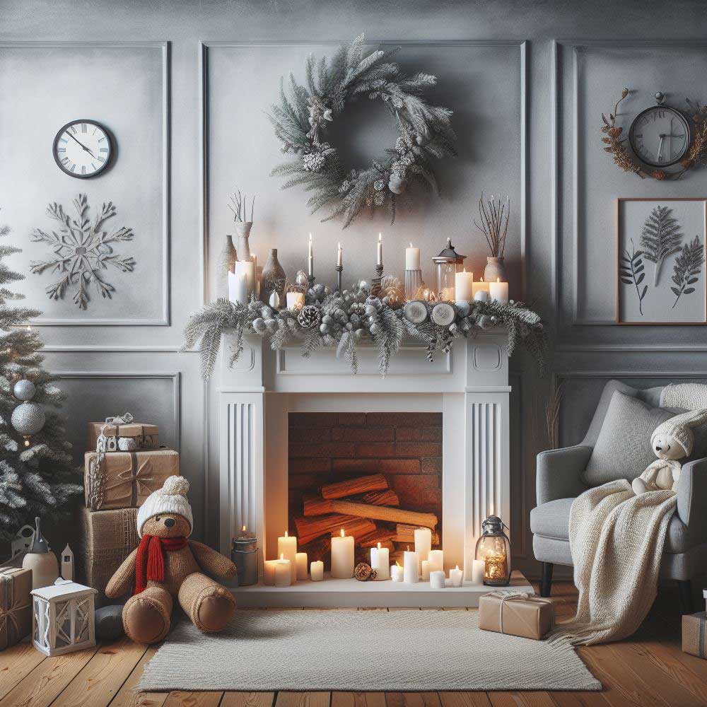 VIntage Fireplace Christmas Decor in Gray Shades