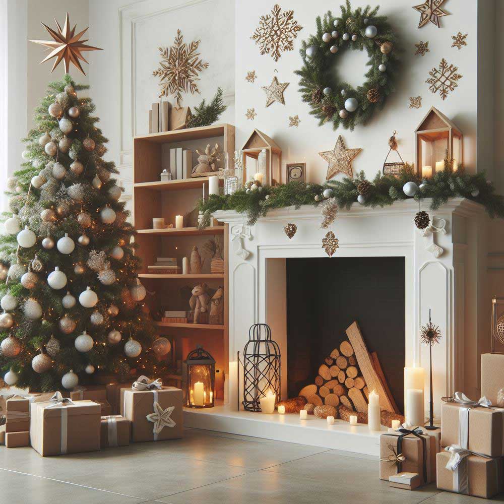 Christmas Fireplace with Christmas Tree Decor