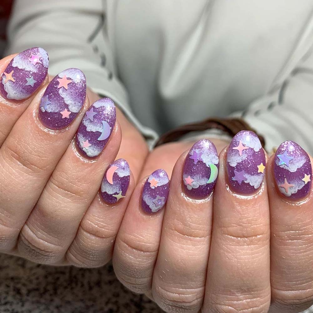 Purple Star Design Nails With Stickers