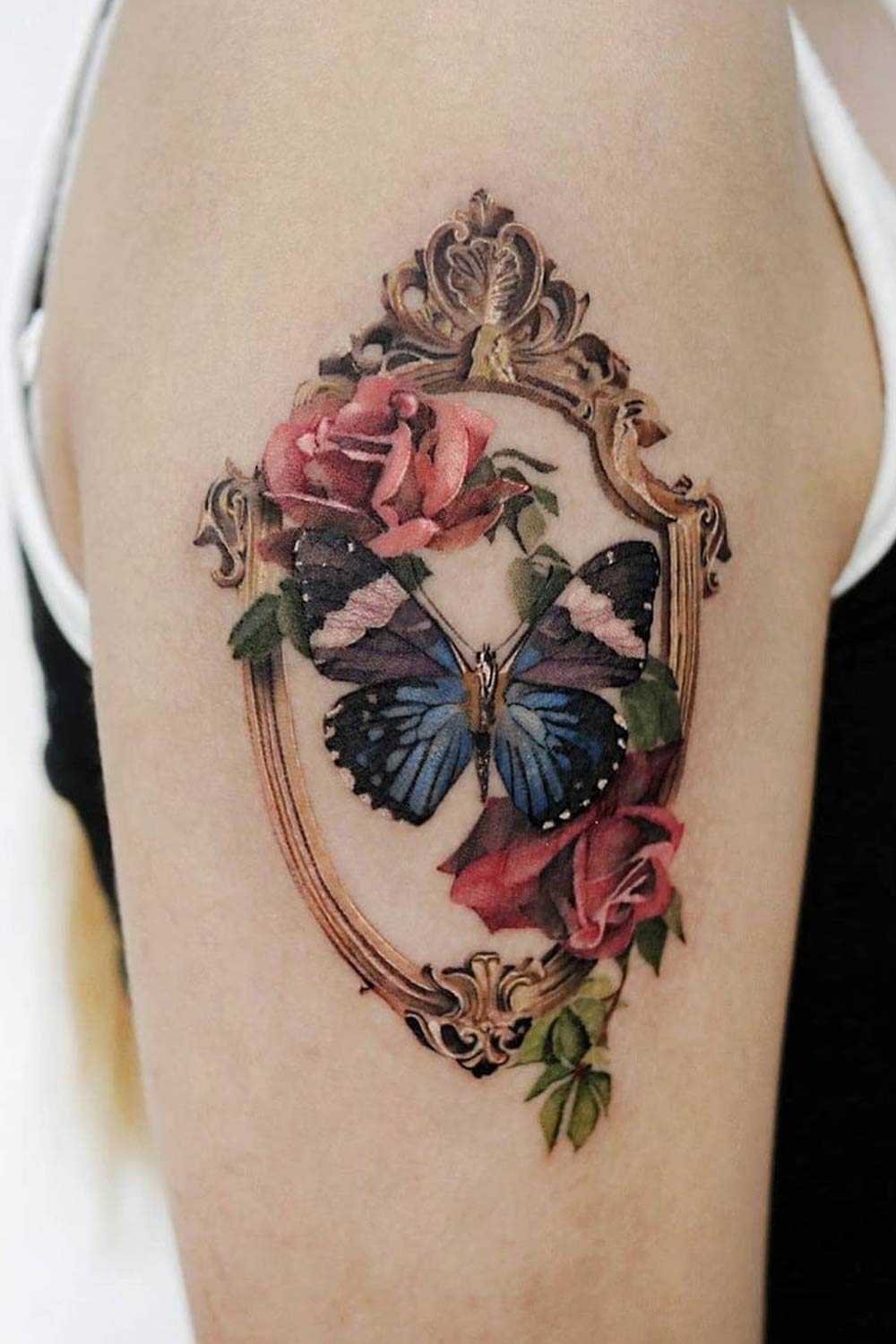 Butterfly Tattoo with Frame and Flowers