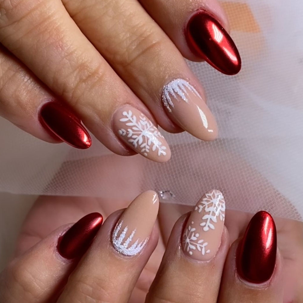 Chrome Christmas Nails Red and White