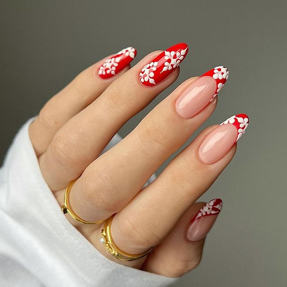Red and White Nails with Snowflakes
