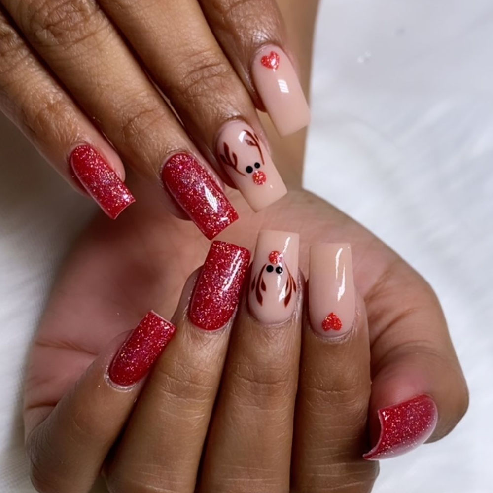 Cute Deer Christmas Nails Red and White