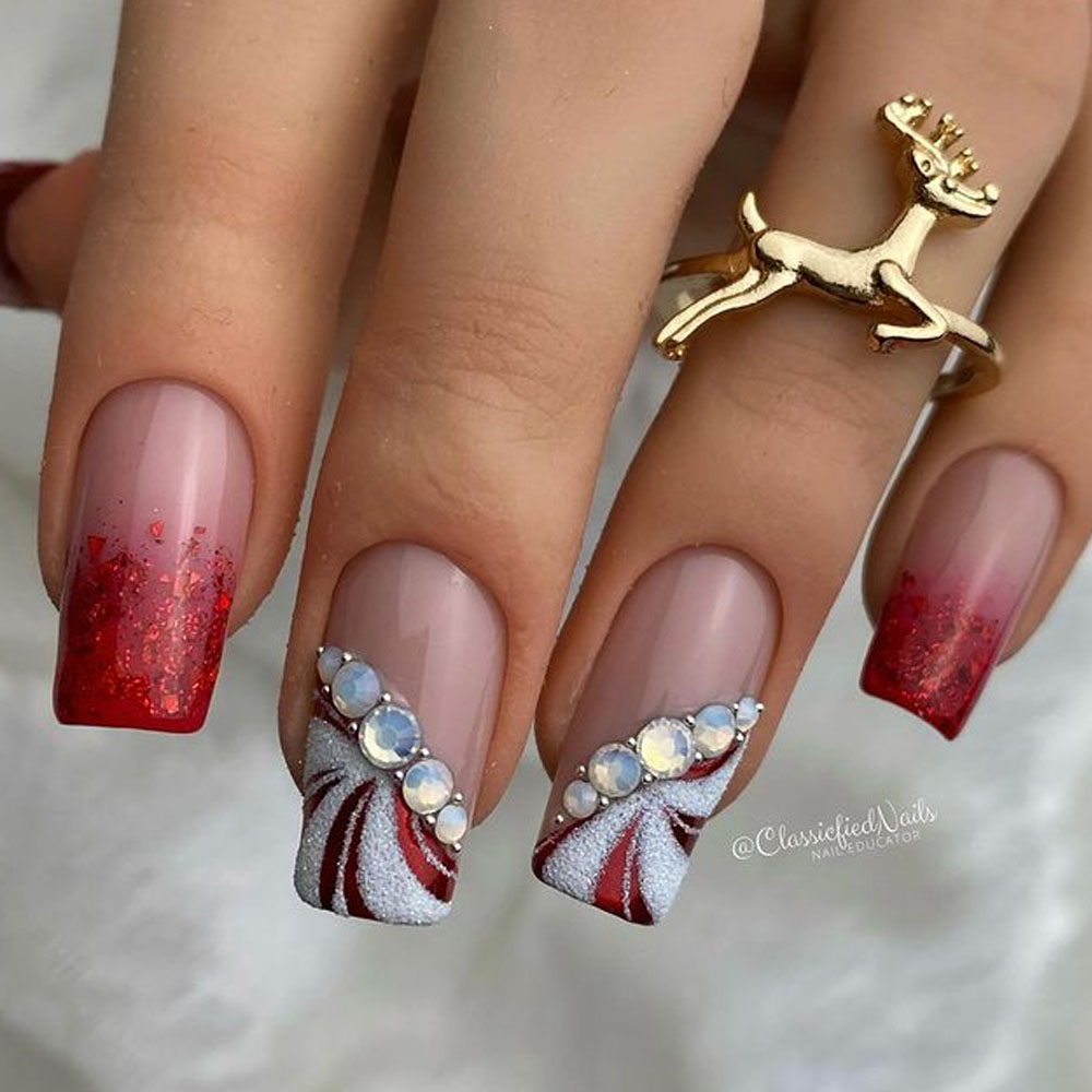 Christmas Red and White Nails With Glitter