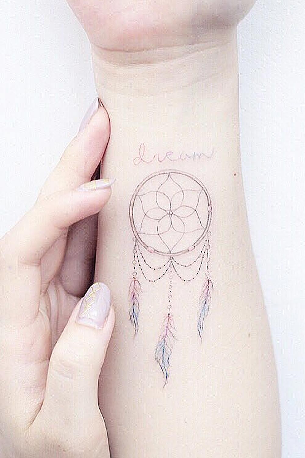 Dream Catcher Wrist Tattoo with Lettering