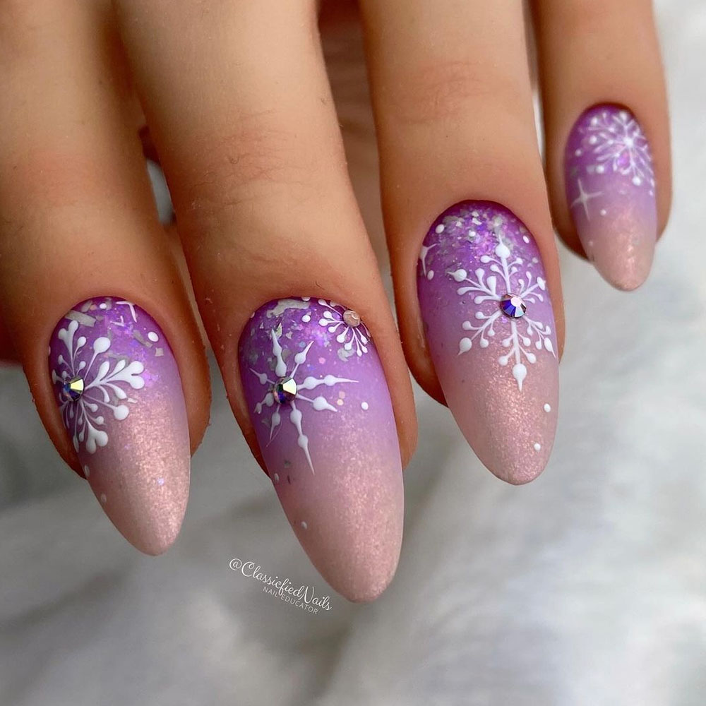 Purple Glitter Ombre Snowflake Nails