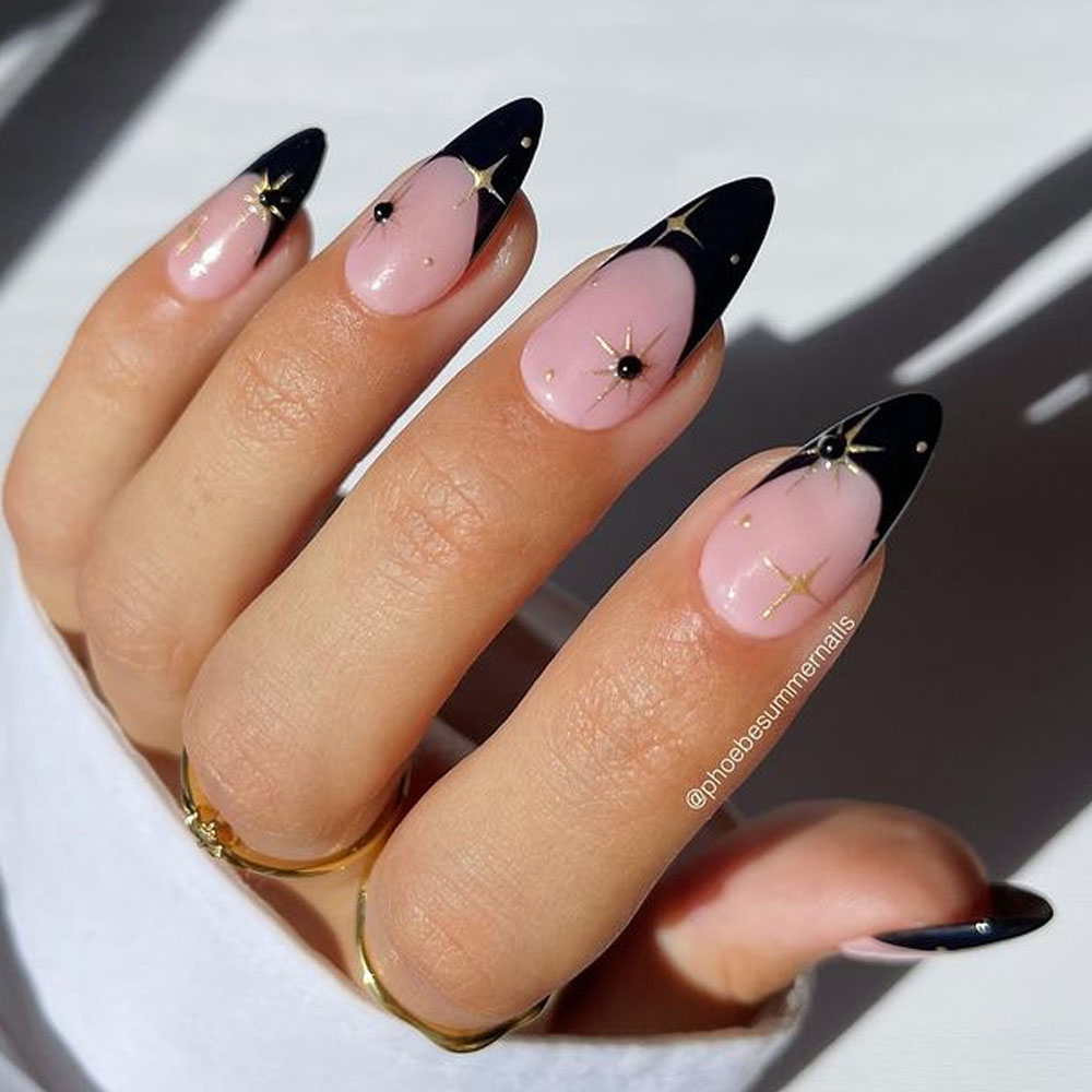 Black French New Years Nails with Gold Stars