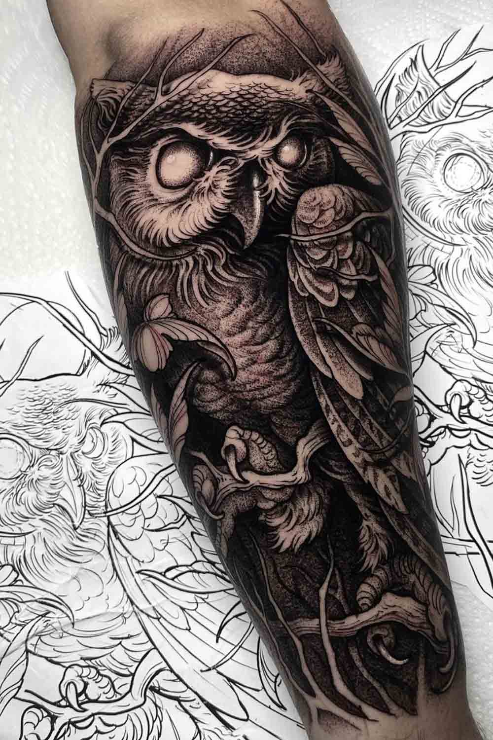 Dark Owl Tattoo Design on Arm