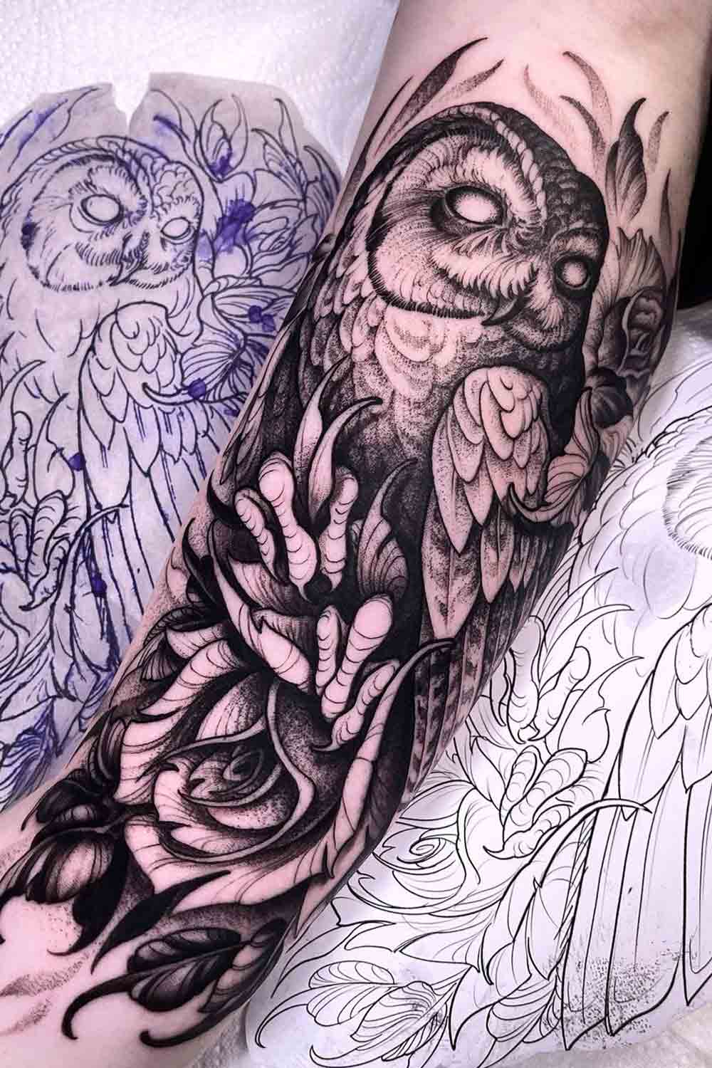 Dark Owl Tattoo with Rose