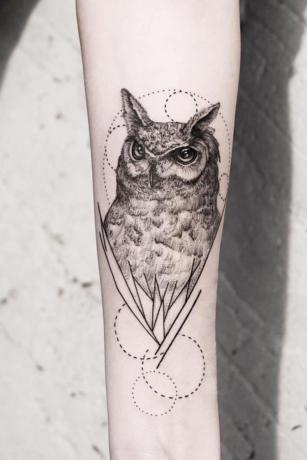 Black and white Owl Tattoo with Geometric Elements