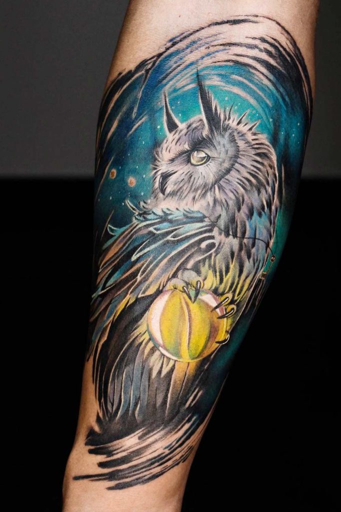 Watercolor Owl Tattoo Design On Arm