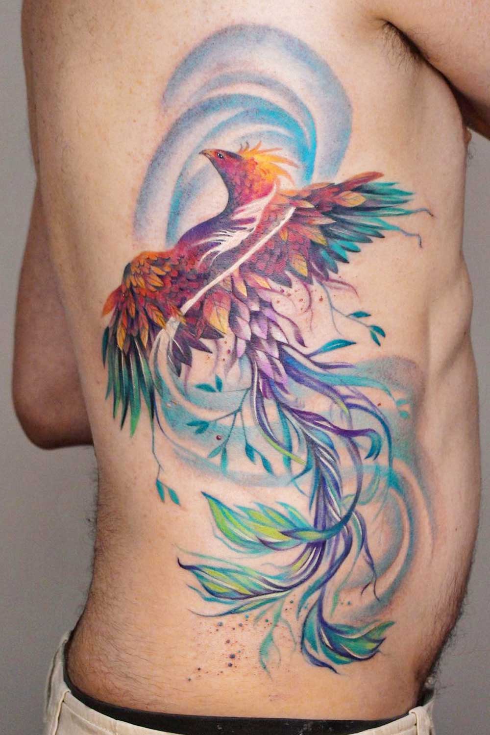 Watercolor Phoenix Tattoo Side Body Placement