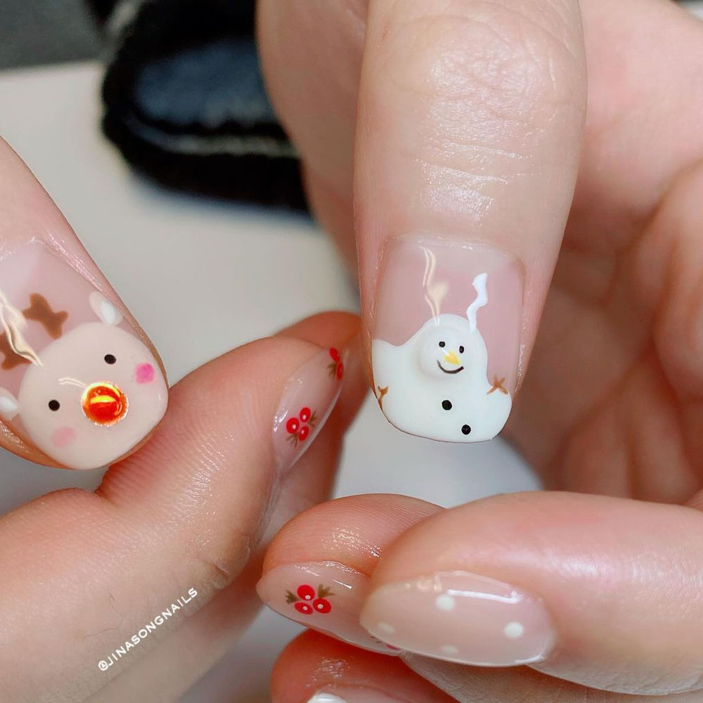 Cute Winter Nails with Deer and Snowman