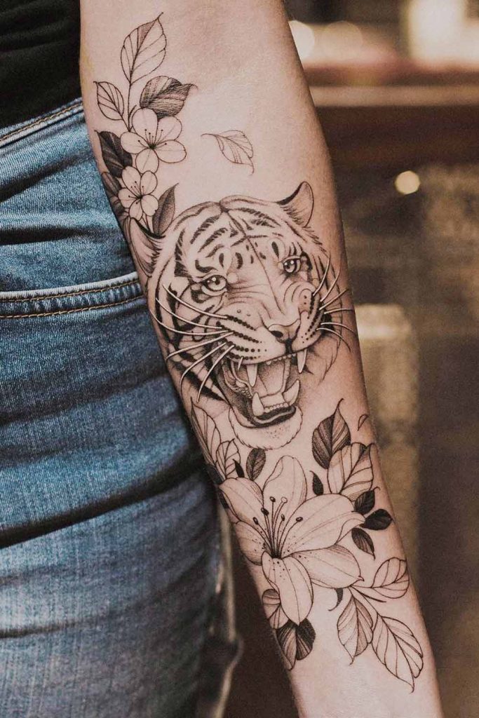 forearm tattoos for women tiger flowers