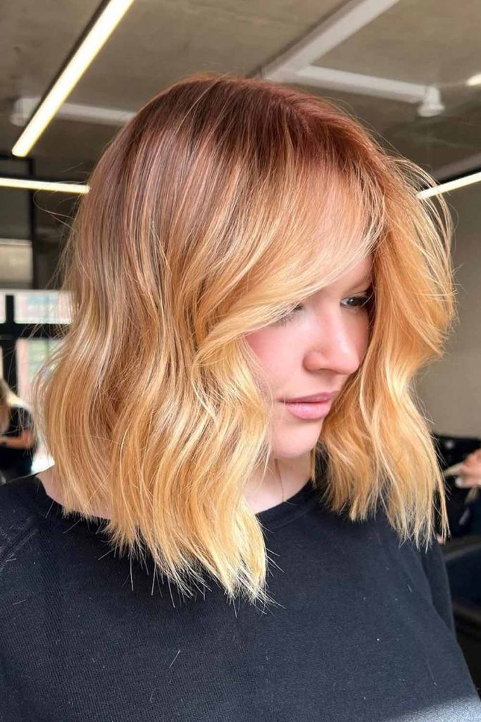 Copper Lob with Curtain Bangs