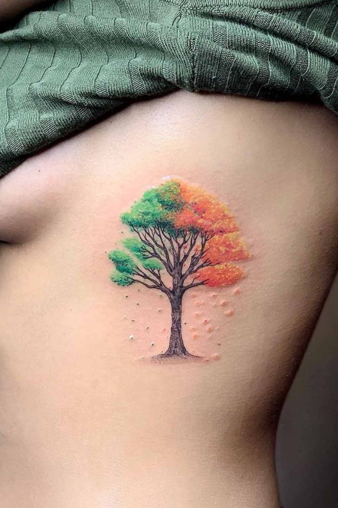 tree tattoo designs side body half orange green