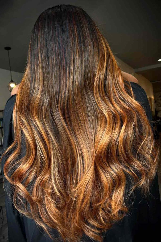 Long Brown Hair with Copper Balayage 