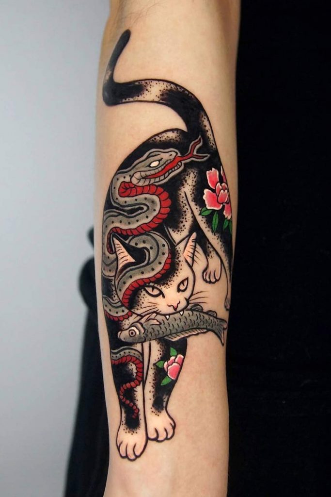 Traditional Japanese Style Cat Tattoo