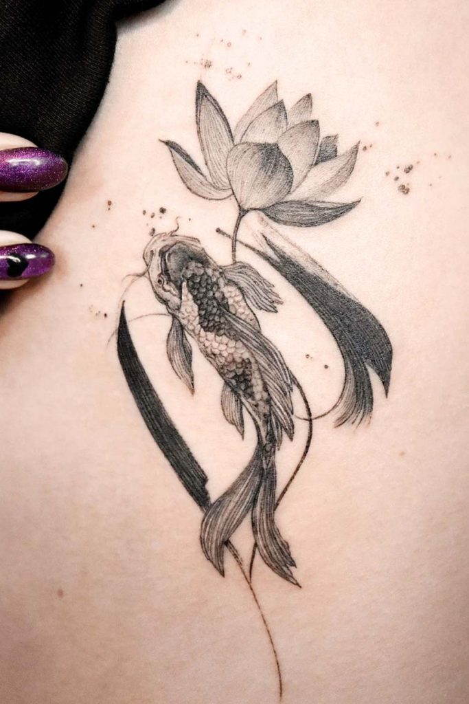 Koi and Lotus Thigh Tattoo