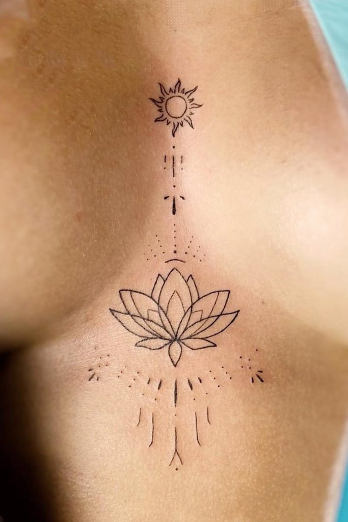 Sun and Lotus Line Art Tattoo
