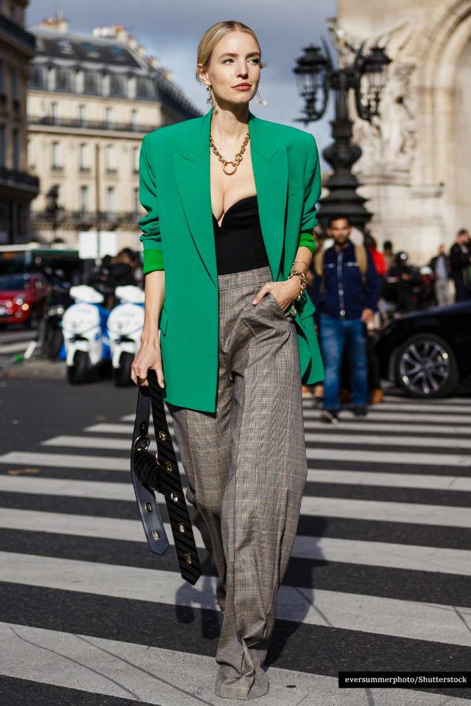 Green Accented Blazer with Wide-Leg Pants