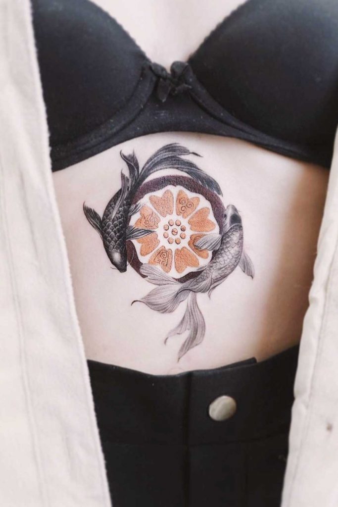 Sternum Yin Yang Koi Fishes with the Lotus 
