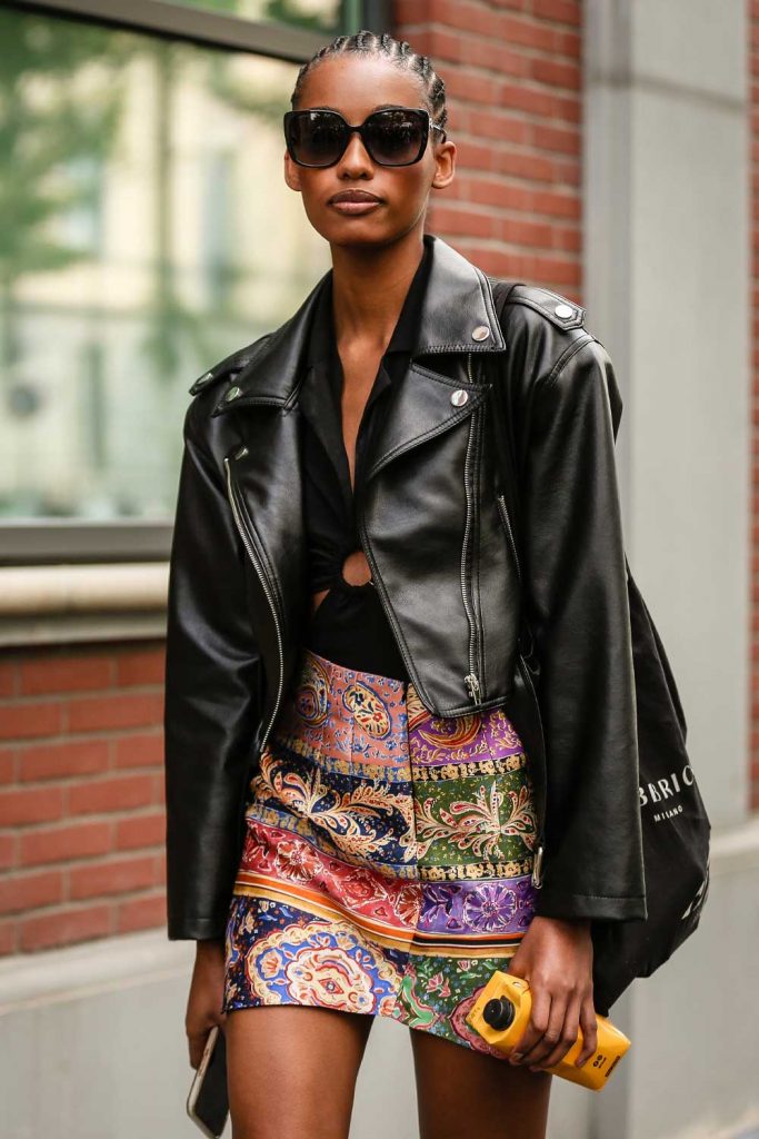 Leather Jacket with Printed Mini Skirt 