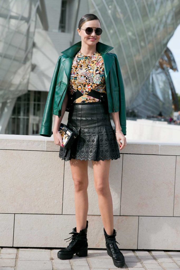 Green Leather Jacket with Mini Skirt