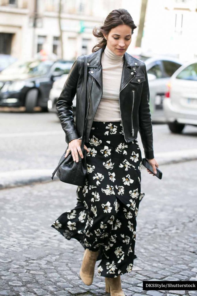Leather Jacket and Floral Skirt Combo