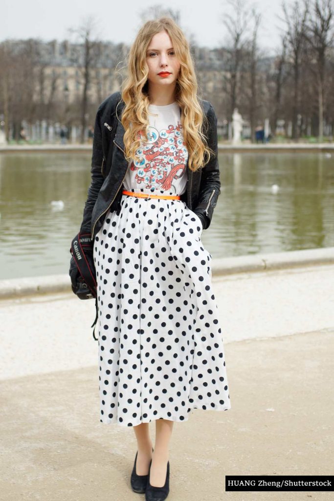 Polka Dot Skirt with Leather Jacket