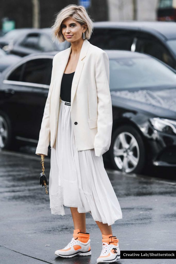White Classy Blazer with Accented Sneakers