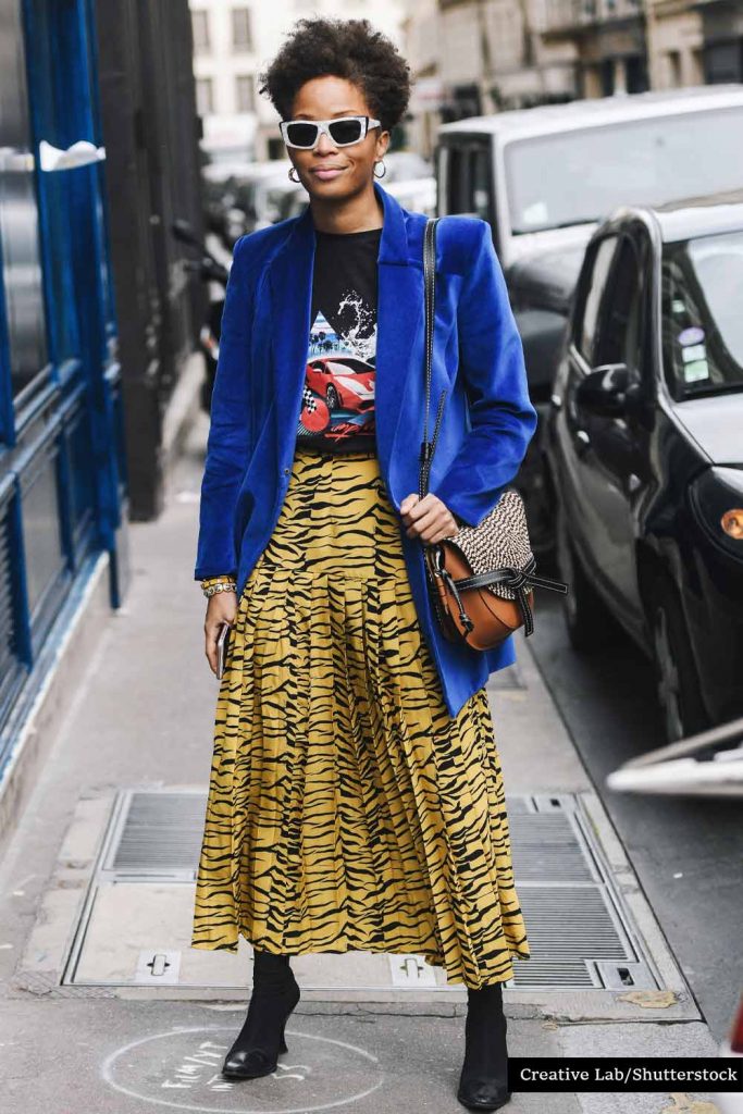 Zebra Skirt with Bright Cobalt Blue Blazer