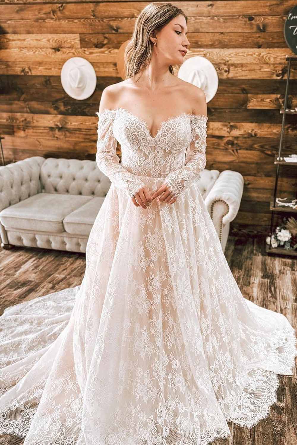 Heart Neck Off Shoulder Wedding Dress