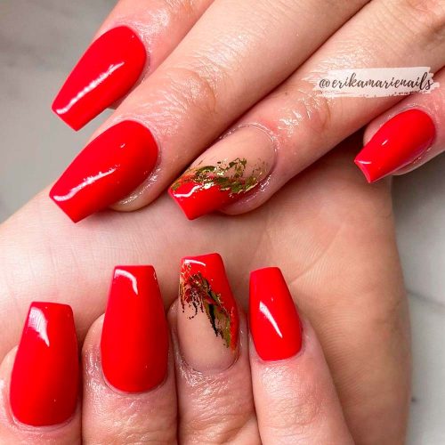 Gold Foil Nail Designs for Passionate Red Nails