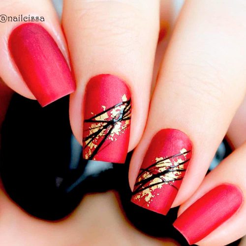 Gold Foil Nail Designs for Passionate Red Nails