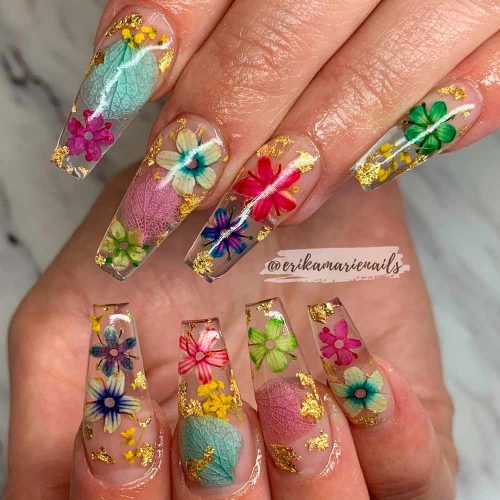 Floral Nail Designs With Gold Foil