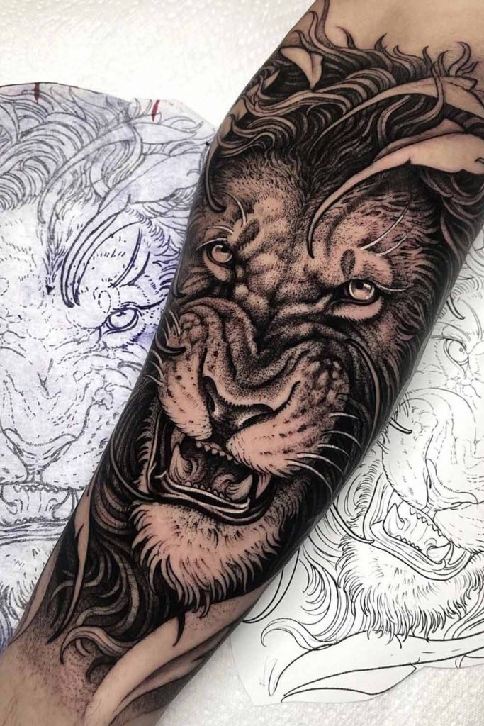 Dark Style Forearm Tattoo with Lion
