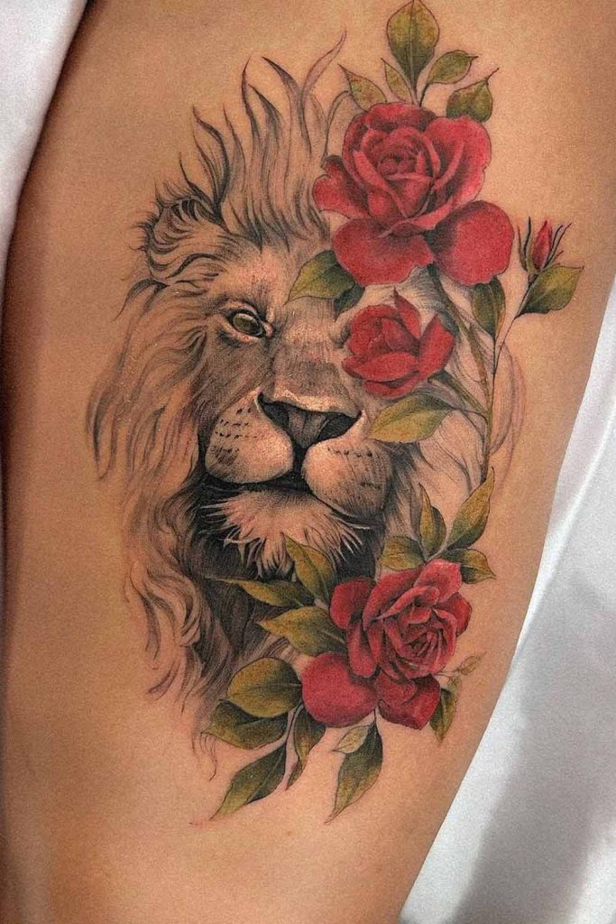 Lion Portrait with Roses